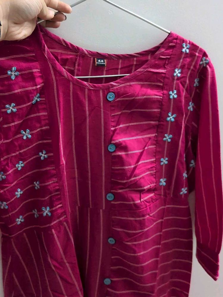 Vibrant Pink Striped Kurta with Floral Embroidery