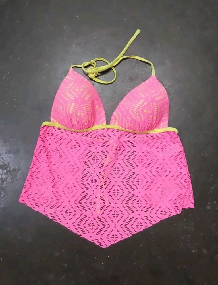 Pink Crochet Halterneck Bikini Top