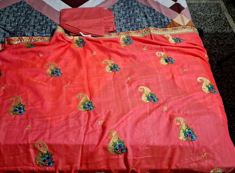 Coral Saree with golden blouse piece