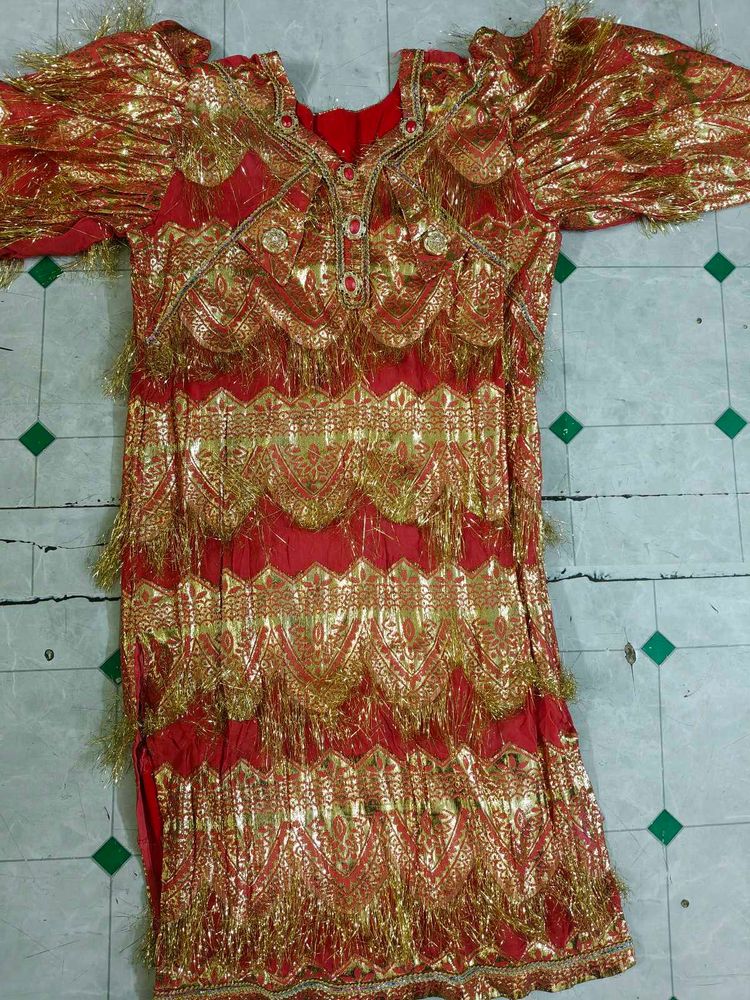 Red &amp; Gold Embellished Dress with Leggings