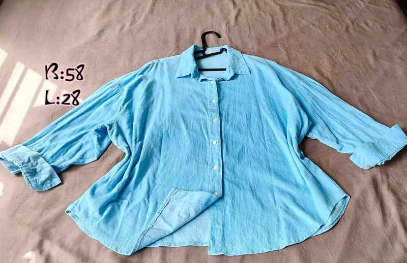 velvet Light Blue Oversized Button-Up Shirt