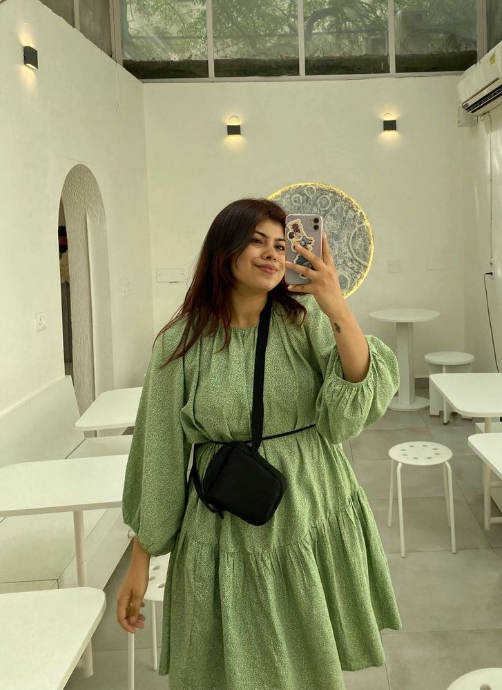 Light Green Tiered Puff Sleeve Dress