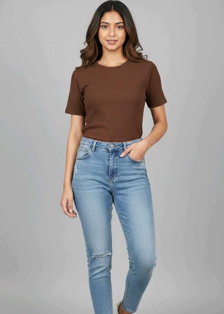 unisex Zudio Casual Brown Ribbed T-Shirt