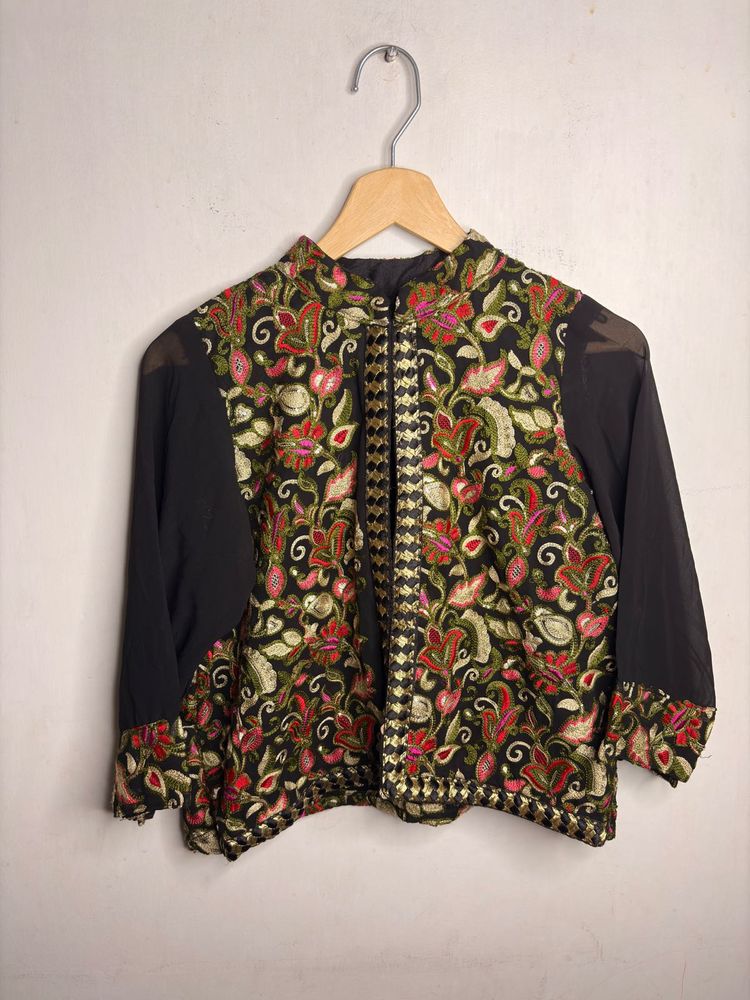 Embroidered Black Cropped Jacket