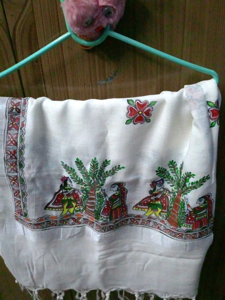 Madhubani Hand-Painted White Dupatta