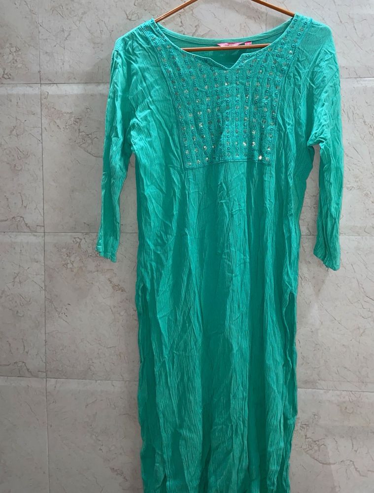 Vibrant Mint Green Embellished Crinkled Kurti