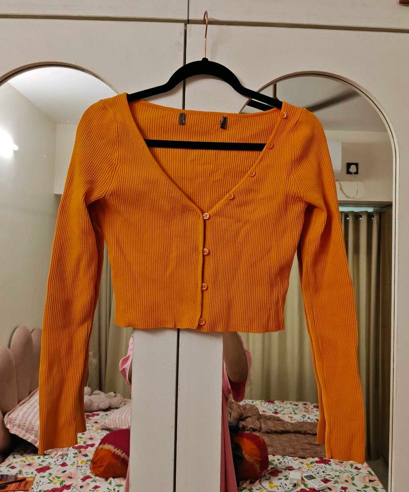 Orange Ribbed Crop top with button details