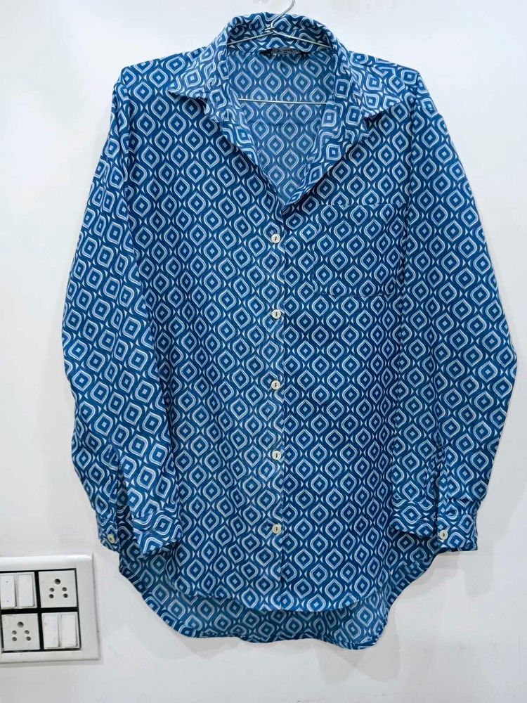 Blue Patterned Button-Up Shirt