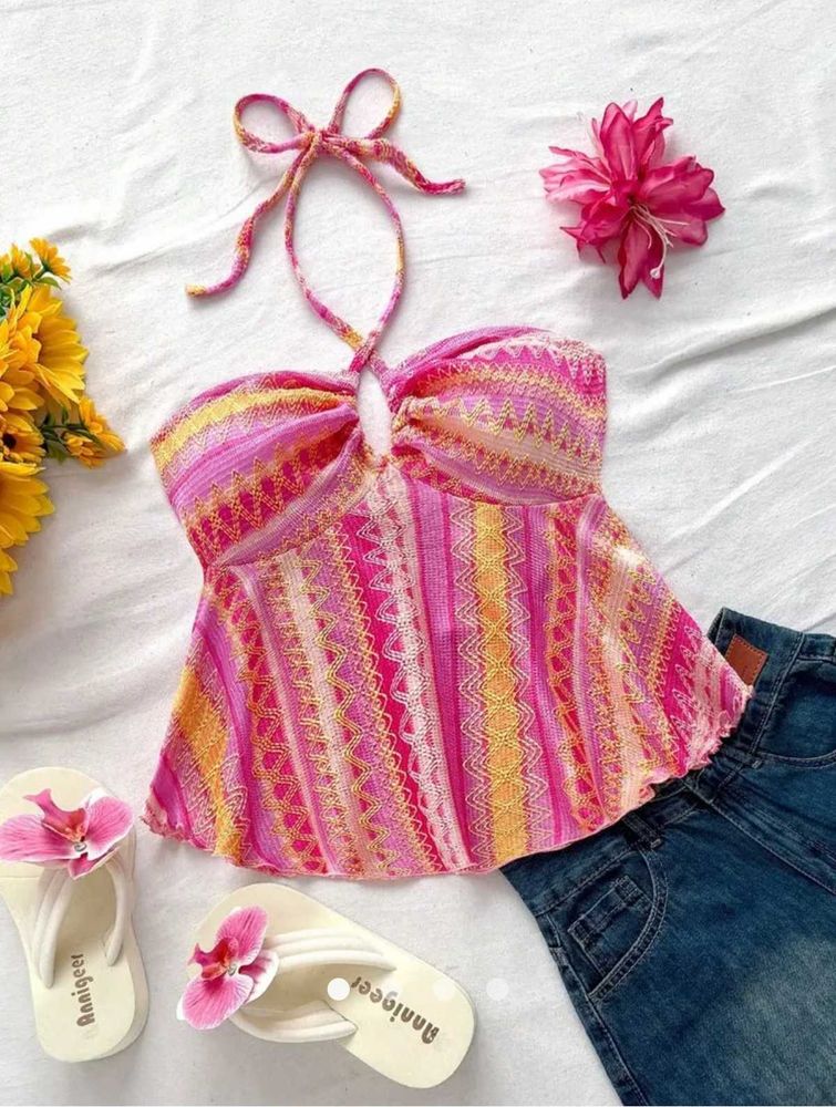 Vibrant Pink &amp; Yellow Halter Neck Top