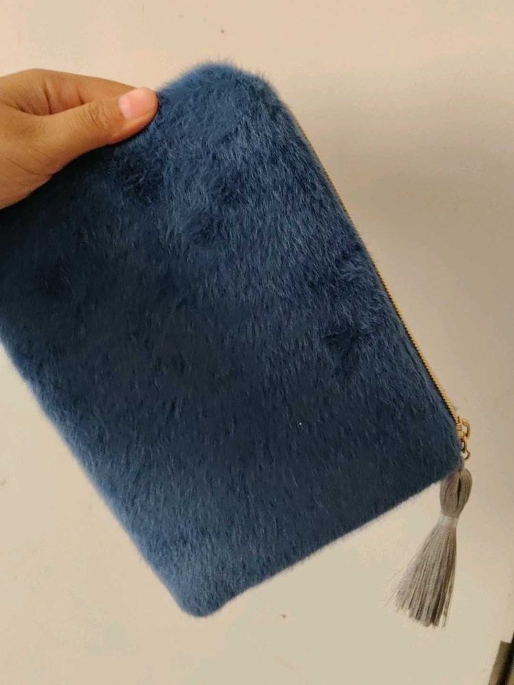 Blue Faux Fur Clutch with Tassel