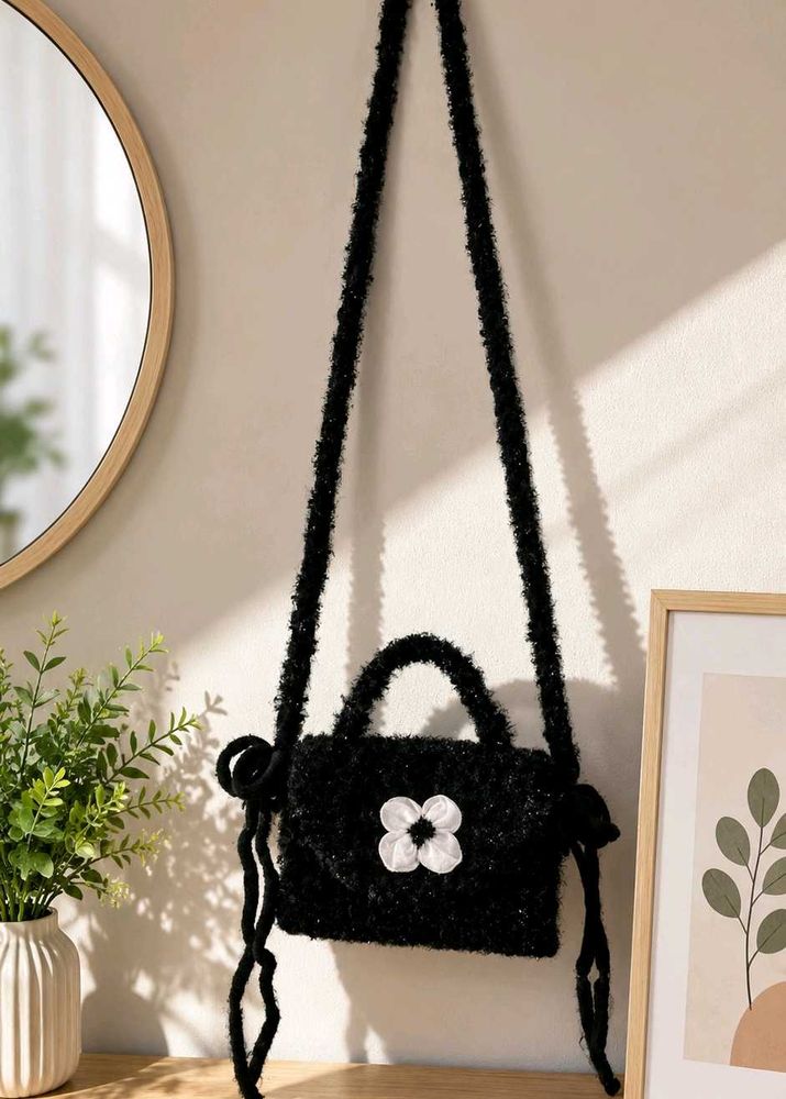 Black Fuzzy Mini Shoulder Bag with Flower 🖤🌸