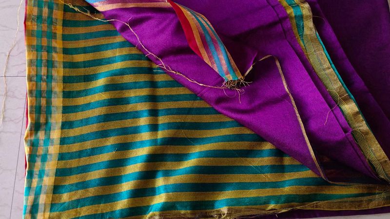 Vibrant Purple &amp; Teal Striped Saree
