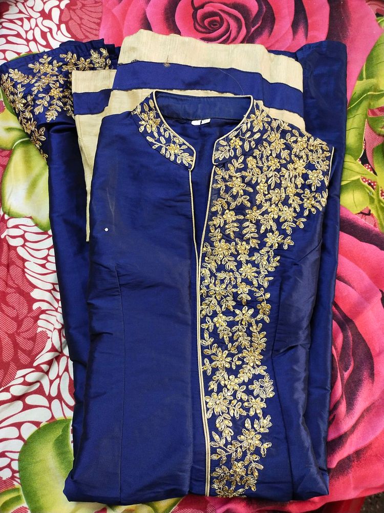 Elegant Blue &amp; Gold Embroidered Outfit
