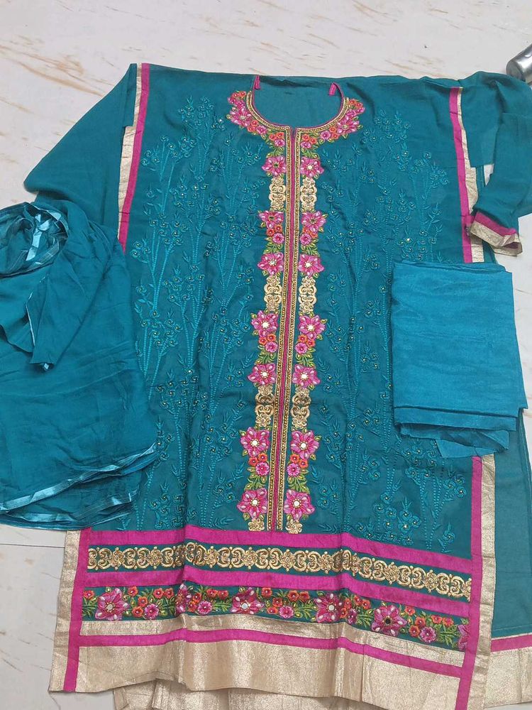 unstitched Embroidered Teal Kurta Set with Dupatta