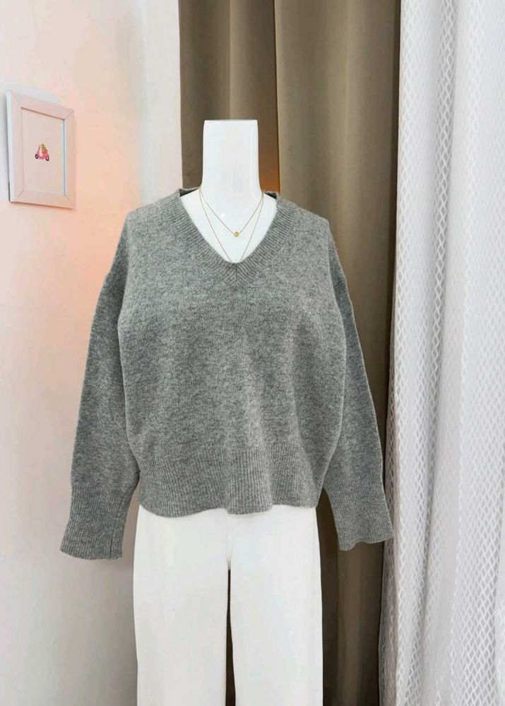 Cozy Grey V-Neck Knit Sweater