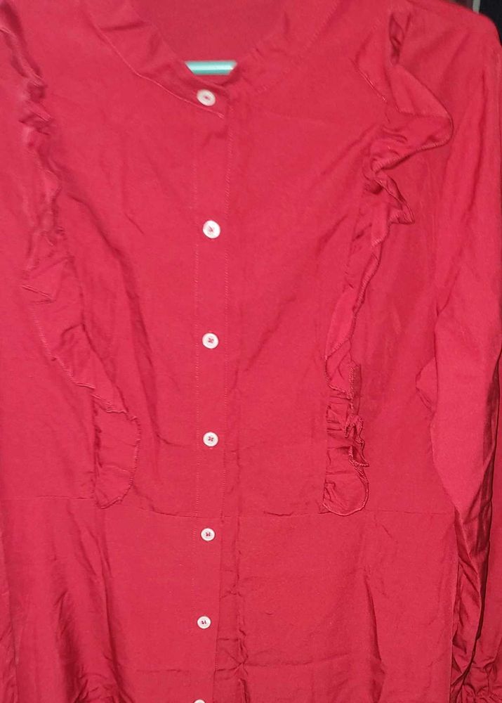 Chic Red Ruffle Button-Up Dress