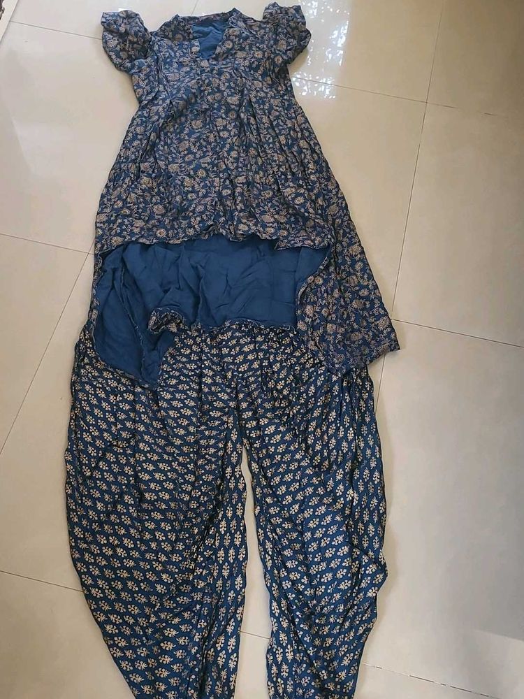 Stylish Blue Floral Kurta with Dhoti Pants