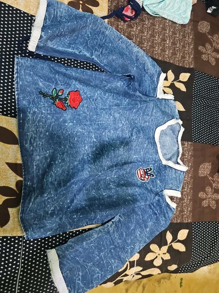 Blue Denim Wash Cold Shoulder Top