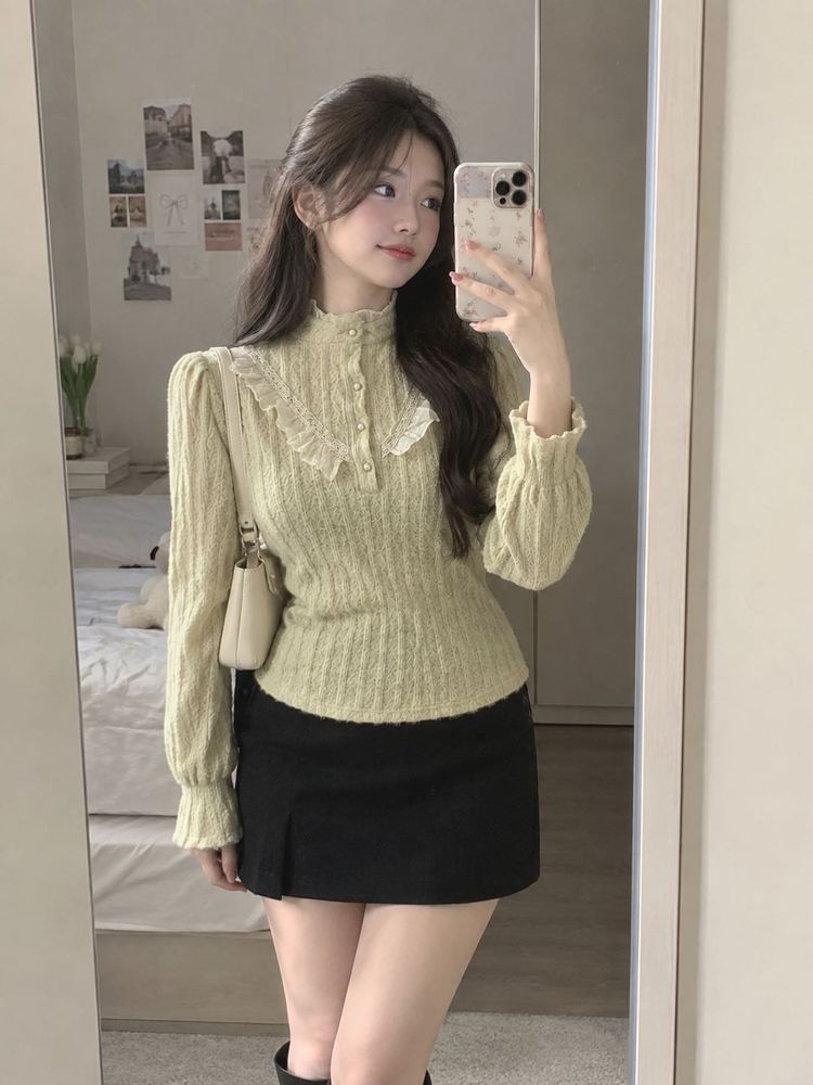 korean Imported Chic Ribbed Ruffle Neck Long Sleev