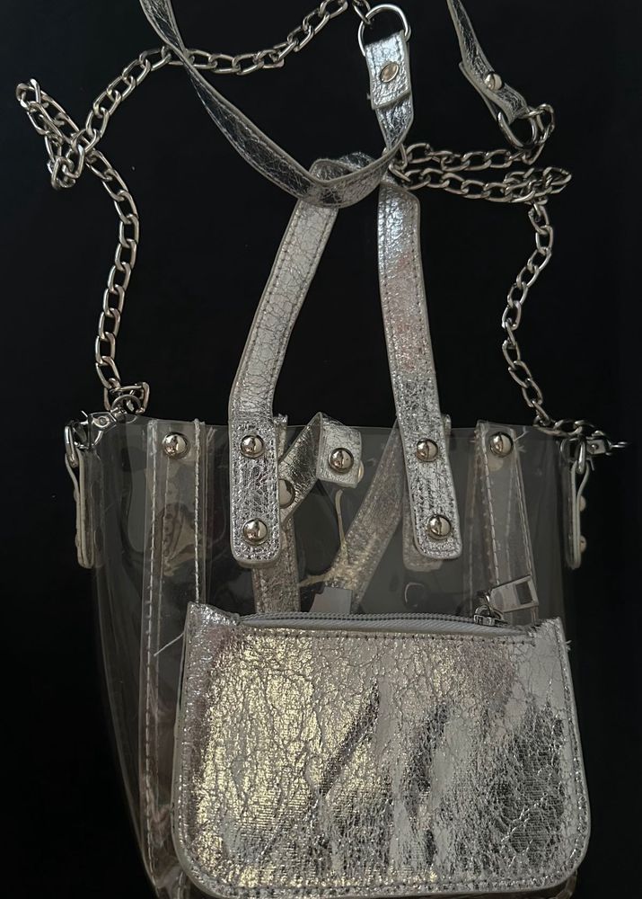 Silver Clear Tote Bag with Pouch