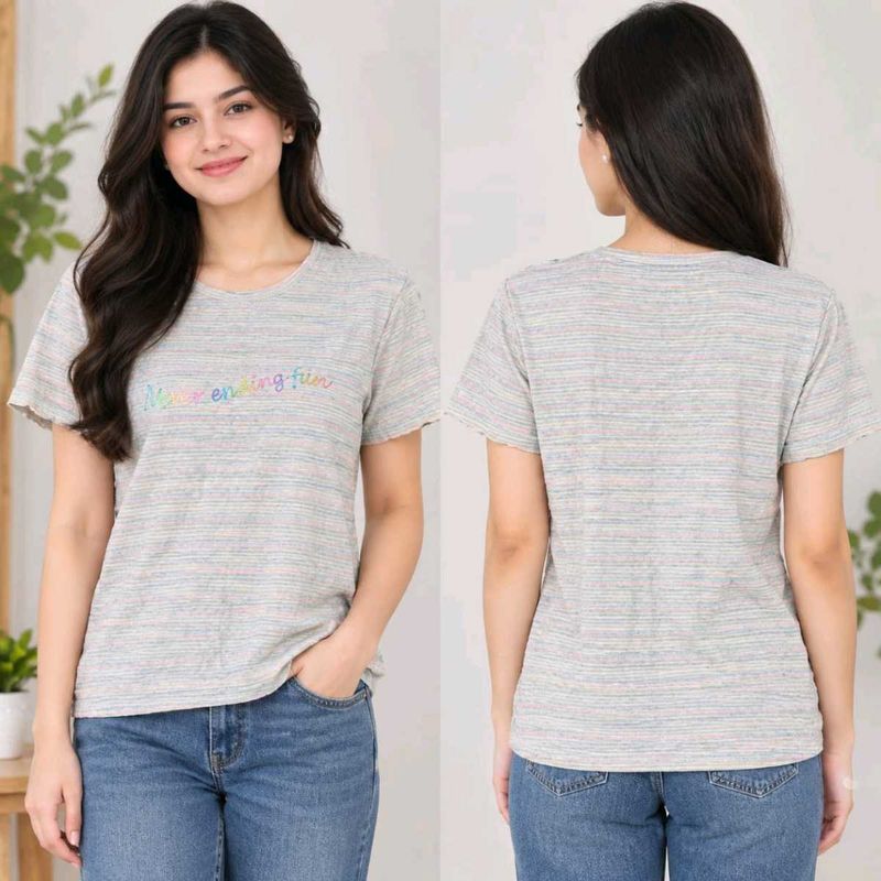 Gray Striped T-Shirt with "Never Ending Fun" Text