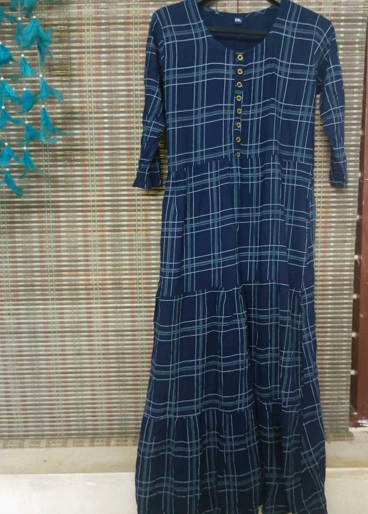 Navy Blue Plaid Tiered Maxi Dress