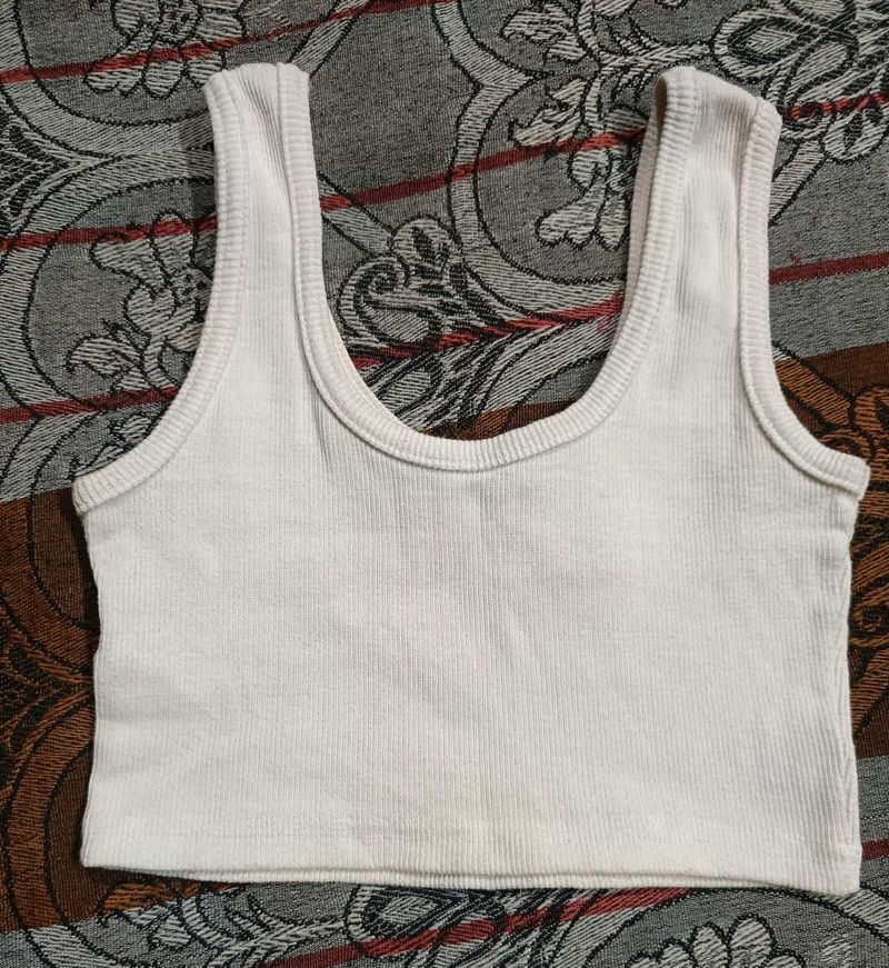 White Ribbed Cropped Tank Top