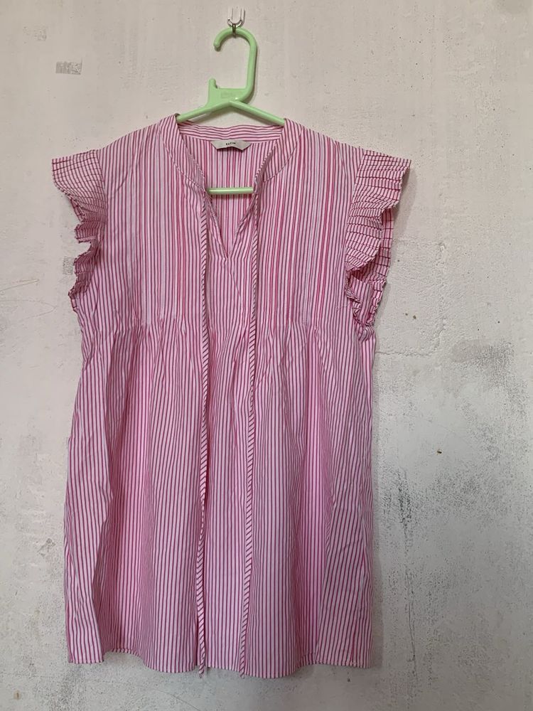 Pink Striped Ruffle Sleeve Top