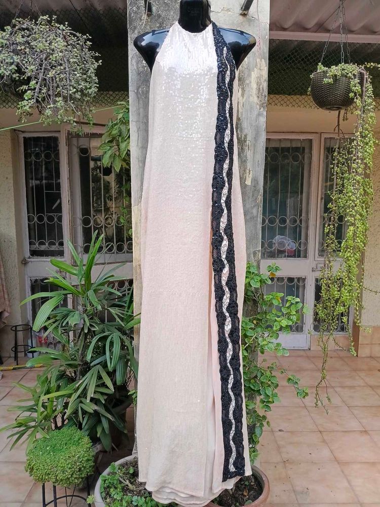 Halter neck sleek beige sequinned gown