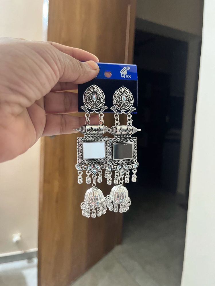 Oxidised Silver Mirror Jhumka Earrings