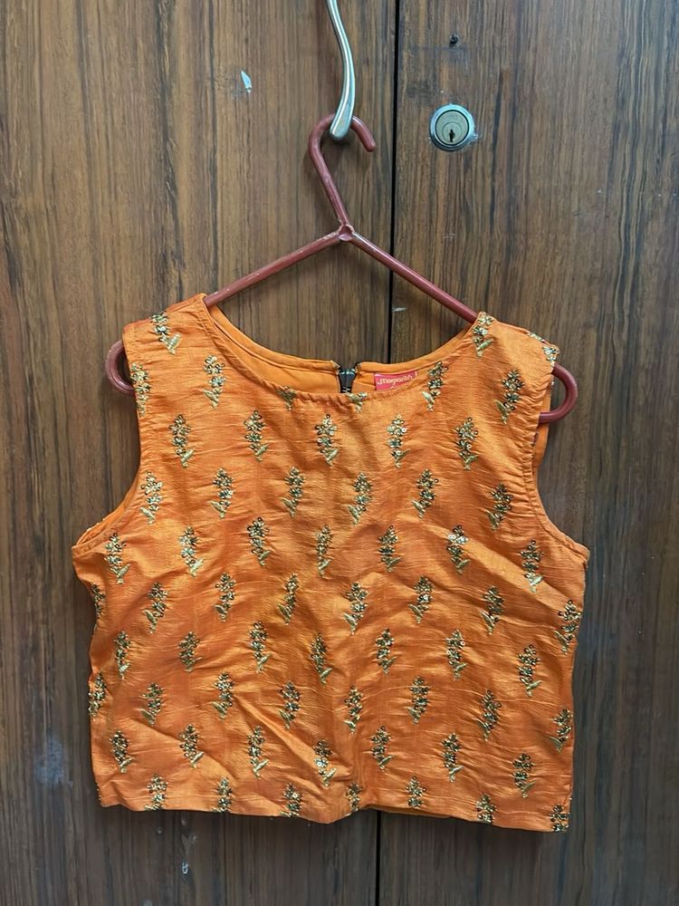 Orange Embroidered Blouse &amp; Yellow Lehenga set