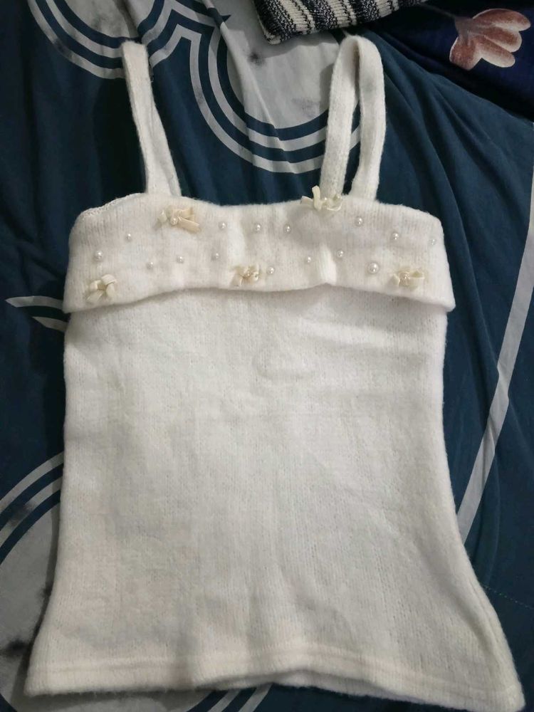 Cream Knit Tank Top with Pearls