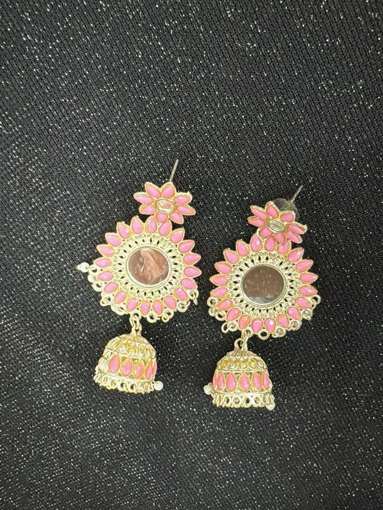 Pink Jhumka Earrings with Mirror