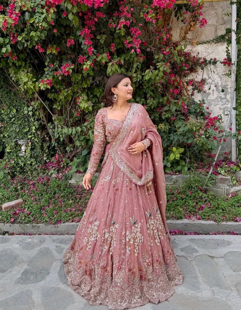 Gold Embroidered Lehenga With Floral &amp; Bird Motif