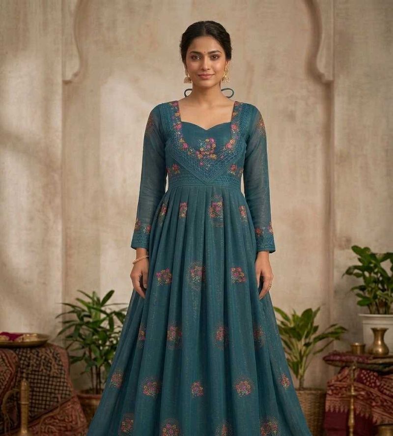 Elegant Embroidered Teal Gown