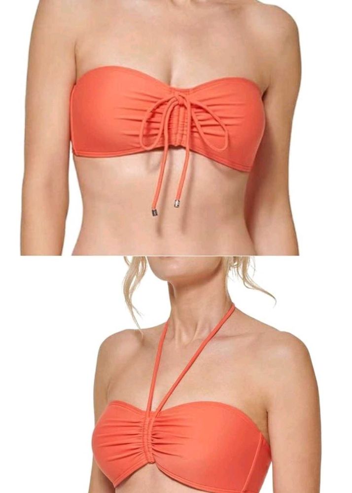 Coral Ruched Strapless Bikini Top
