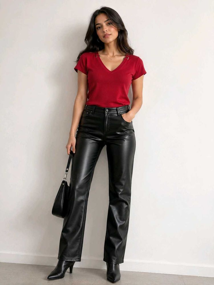 Chic Red V-Neck Top with Stud Detail