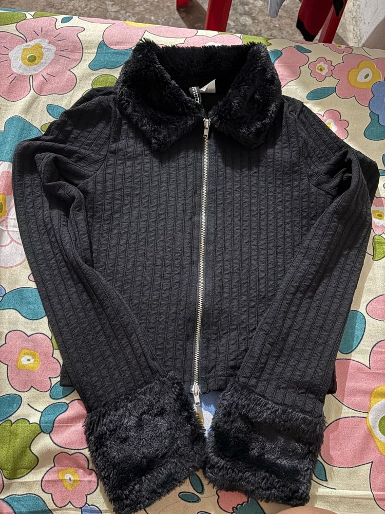 Black Faux Fur Trim Jacket