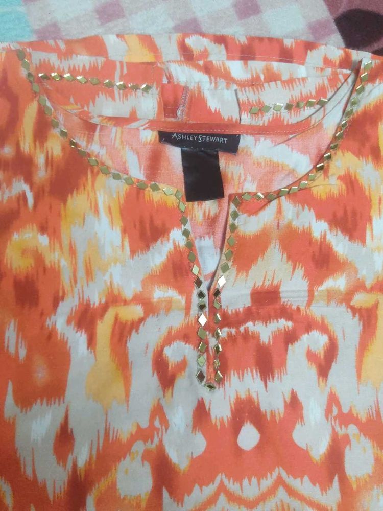 Orange Abstract Print Kurta with Embellishments