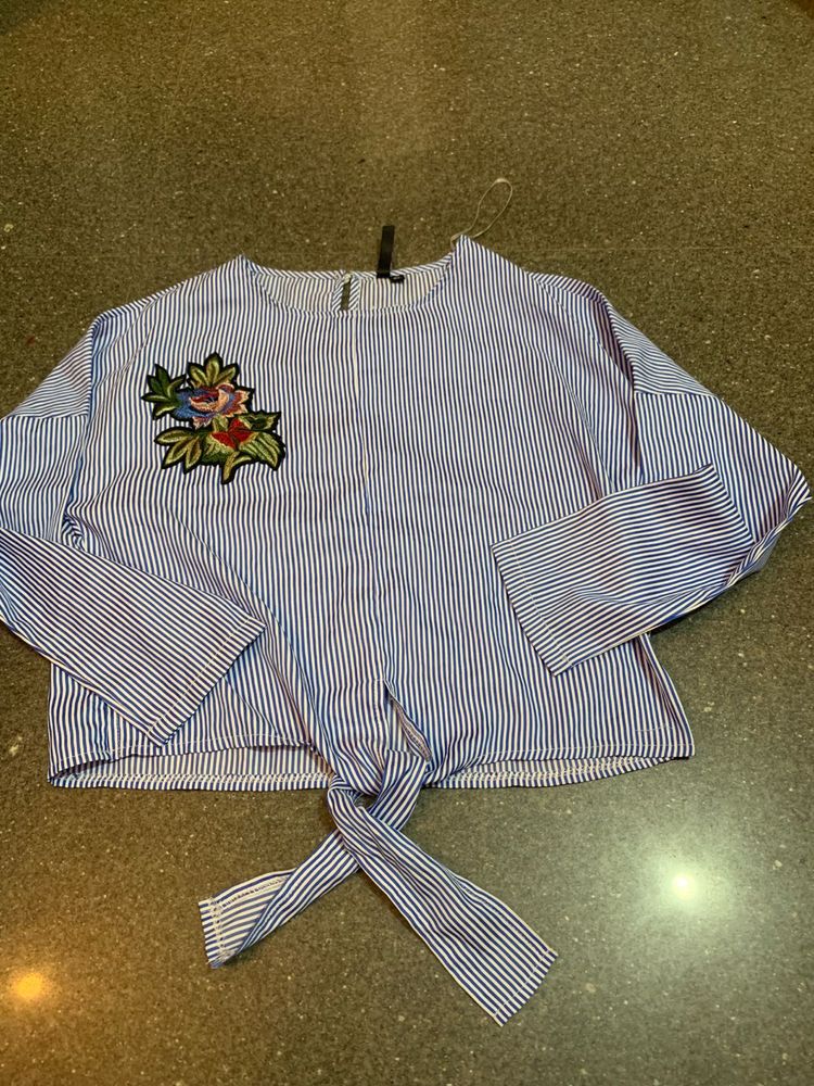 Striped Tie-Front Top with Floral Embroidery