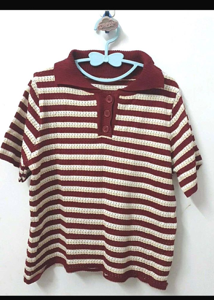 🍿Striped Knit Polo Top