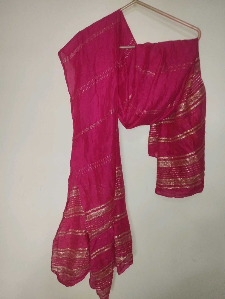 Vibrant Pink Dupatta with Gold Stripes