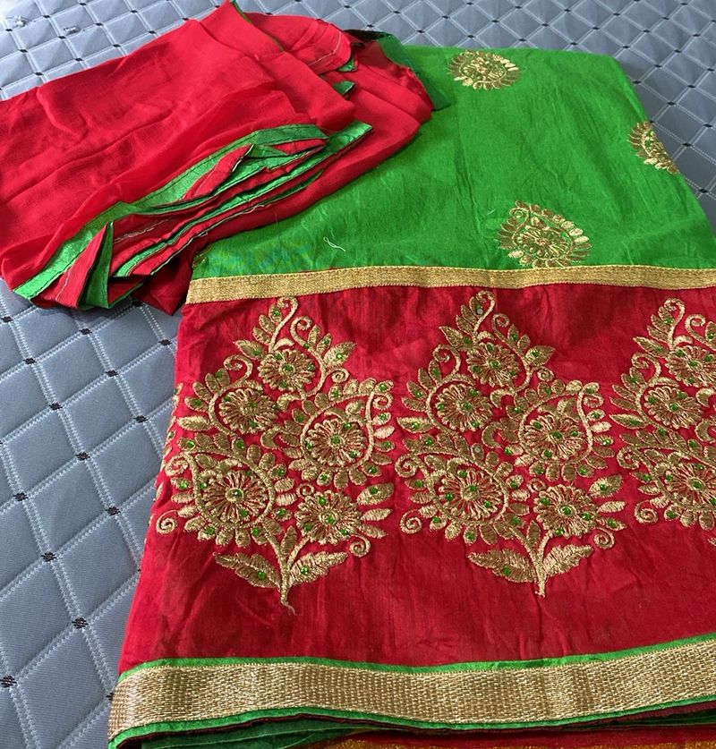 Chanderi Green &amp; Red  Dress Material