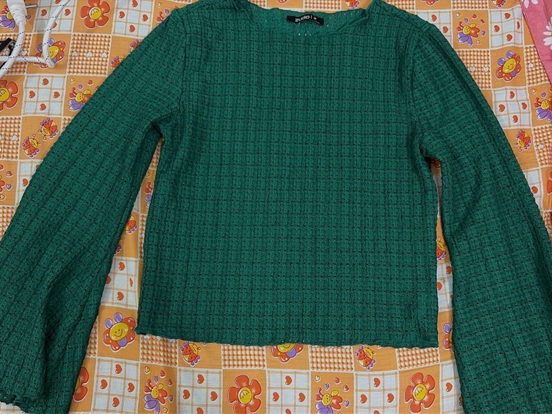 Green Textured Bell Sleeve Top