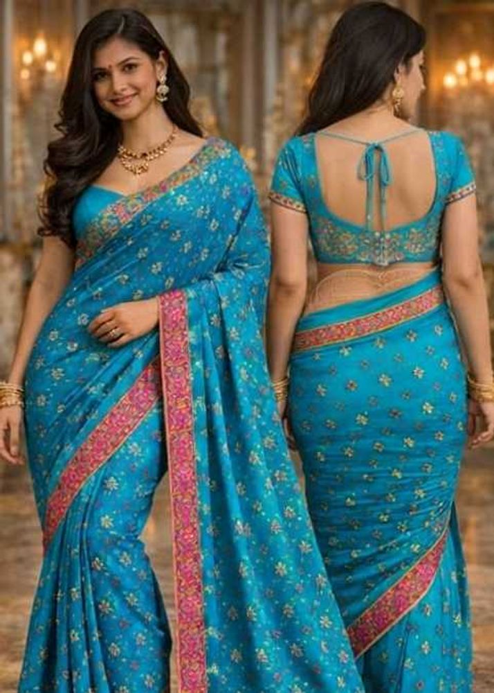 Stunning Blue Floral Saree with Pink Border