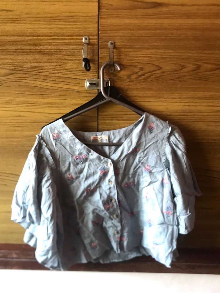 Light Blue Floral Button-Up Top