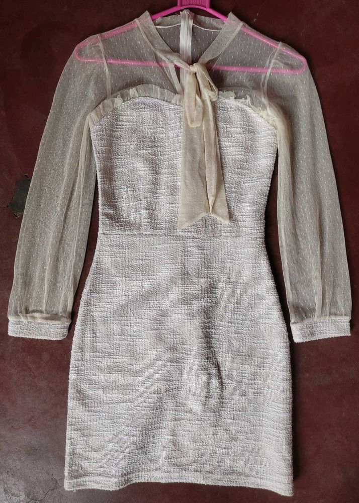 Elegant Sheer Sleeve Textured Mini Dress