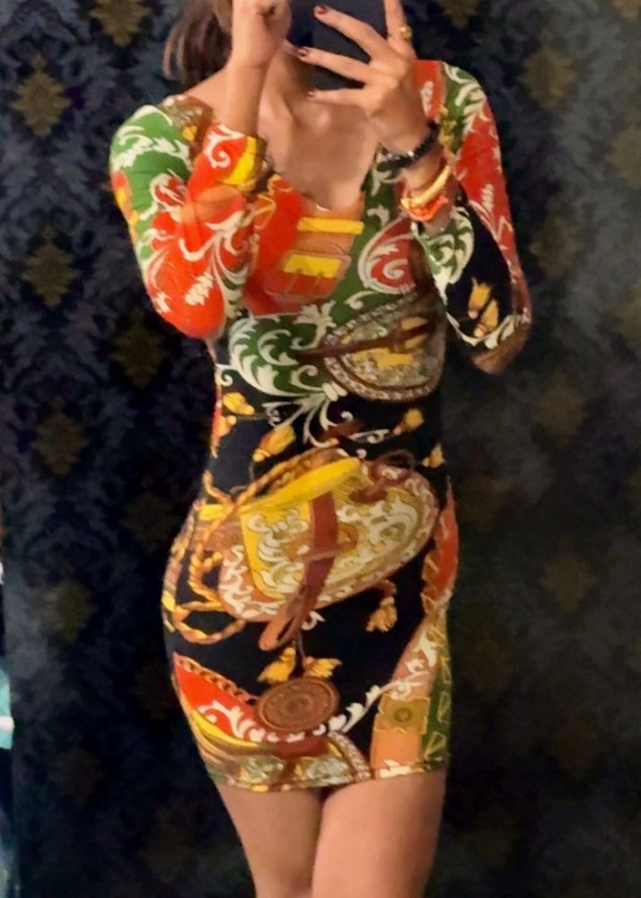 Vintage Print Long Sleeve Dress