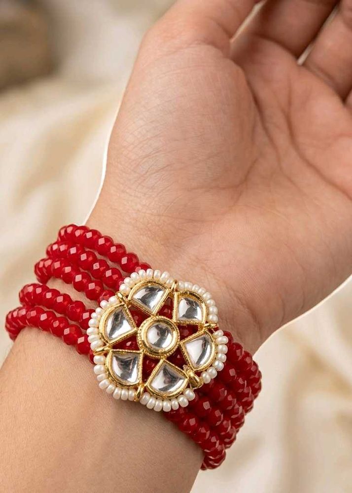 Red Beaded Bracelet with Kundan Charm