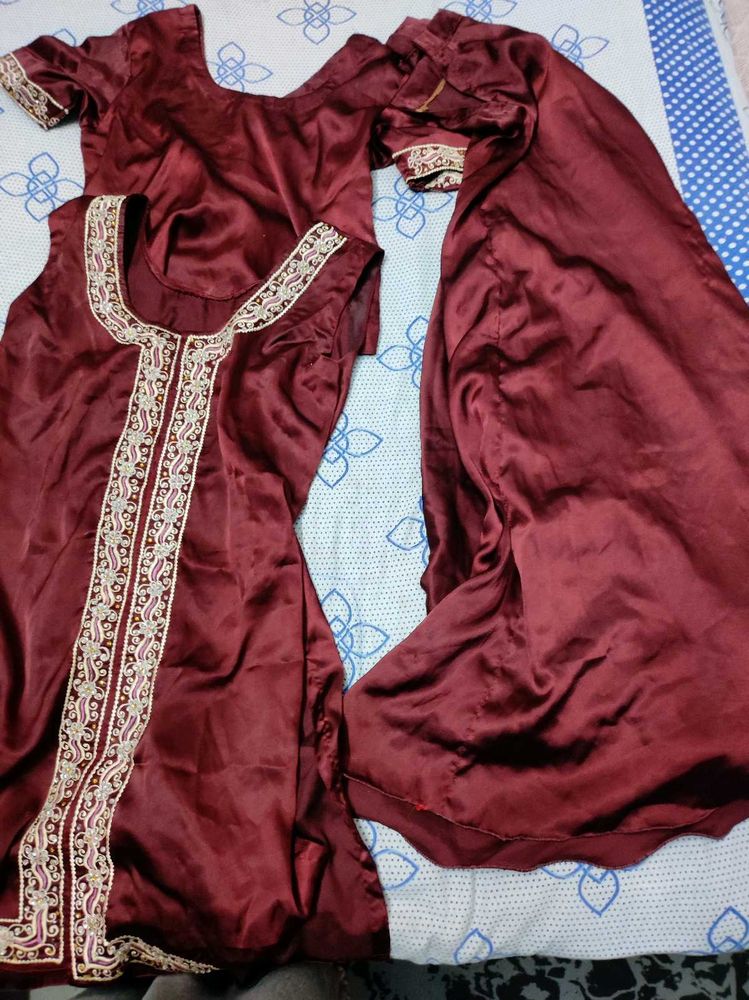 Maroon Skirt With Double Kurti